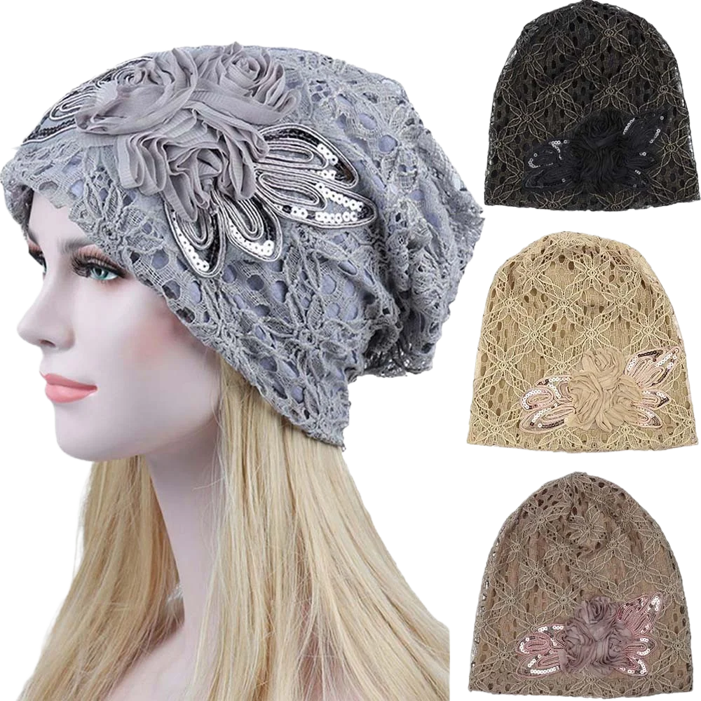 

Spring Autumn Hat For Women Beanies Fashion Lace Flower Cap Elasticity Knit Beanie Hats Turban Female Casual Caps Gorros
