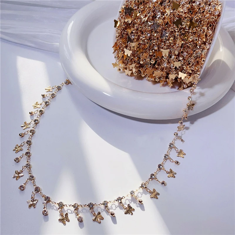 1meters Zircon Stones Necklace Chains Copper Metal Link Bracelet Butterfly Crystal Beads Chains Bulk Lot for Diy Jewelry Making