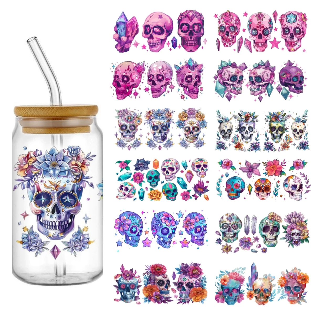 

crystal skull design 27sheets stickers 16oz Cup UV DTF Wrap Self-adhesive Transfer Decals Custom Wrap Printing