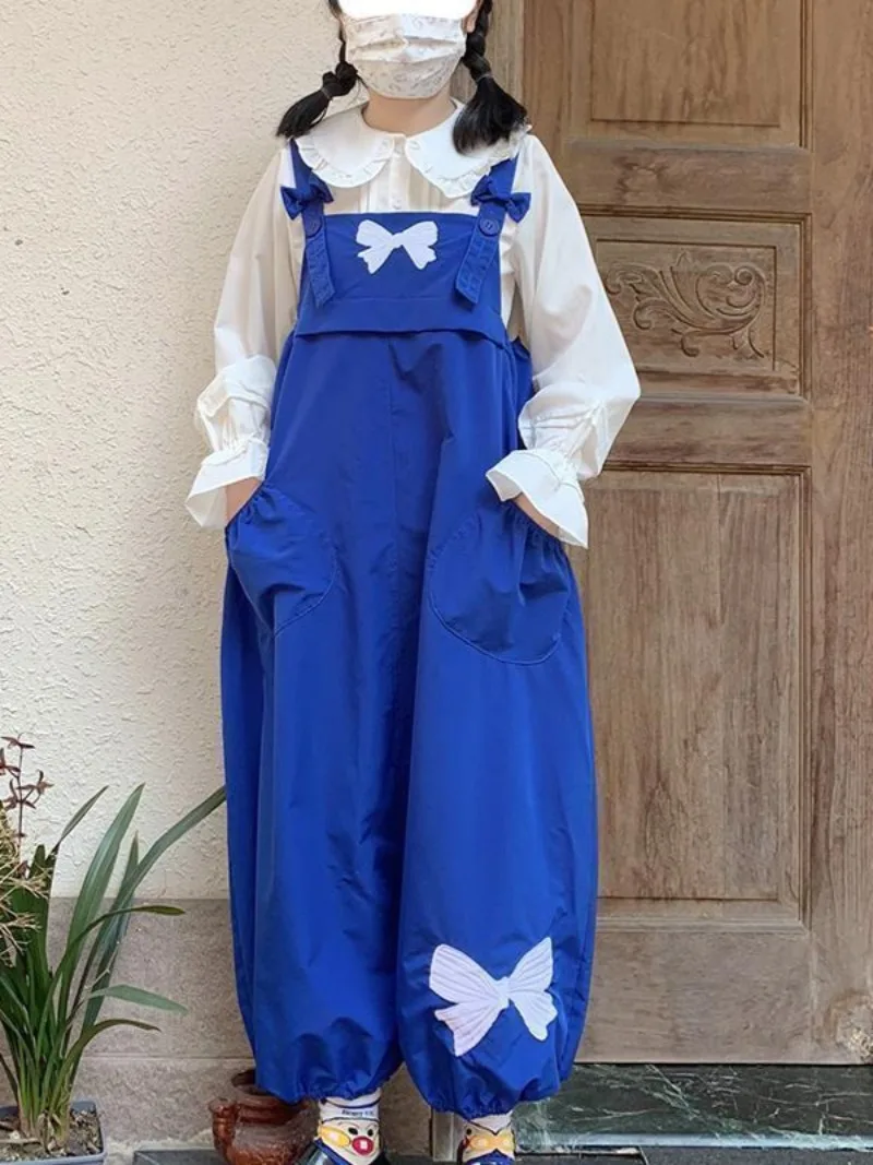 Casual Pink Wide Trousers Fashion Harajuku Cargo Harem Pants Women Kawaii Bow Girls Overalls Streetwear Vintage Cute Jumpsuit