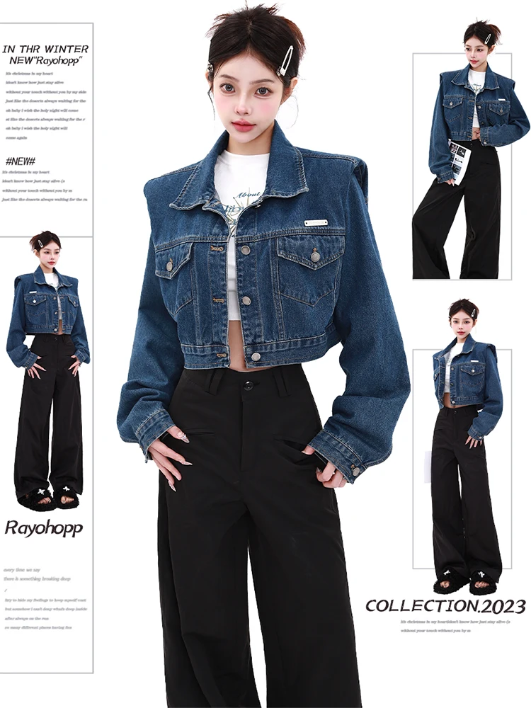 

2200, осень-зима, женская джинсовая укороченная куртка Y2k 2000-х годов, дизайнерская рубашка с длинными рукавами, винтажный топ, корейское пальто Shoujo, Harajuku Tide, новинка