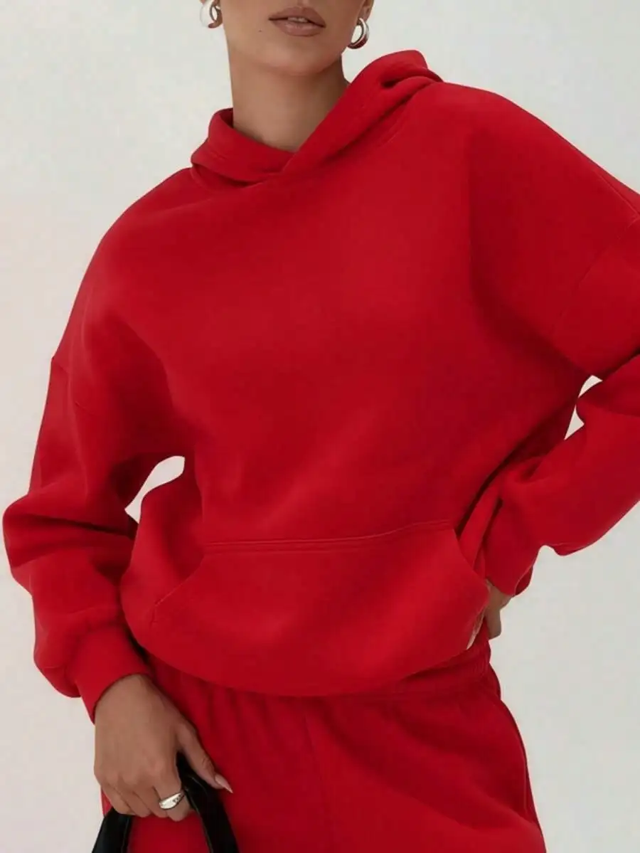 

Women's Oversized Drop Shoulder Hoodie with Kangaroo Pocket, Red, Loose Fit for Fall Winter