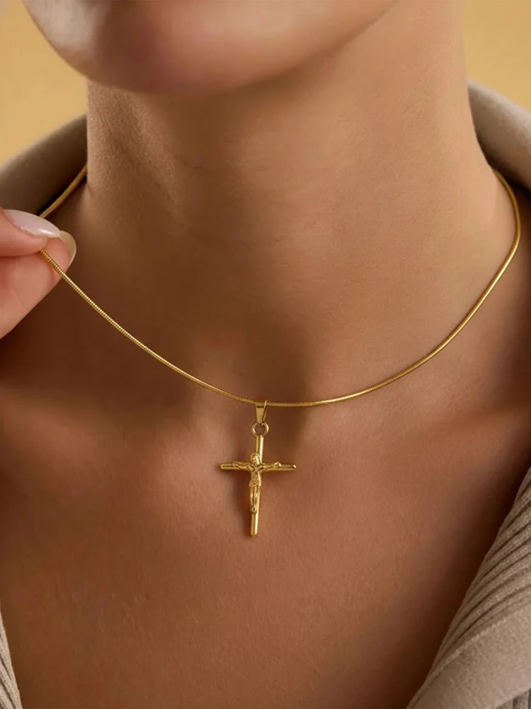 Single Golden Crucifix Necklace,Thin Smooth Snake Chain Design,Dainty Faith Accessory for Ladies,Casual Daily&Baptism Presents