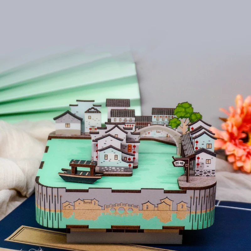 DIY 3D Wooden Ancient Water Town Music Box Miniature Model Kits Jigsaw Puzzles Can Move for Children Birthday Gifts Home Decor