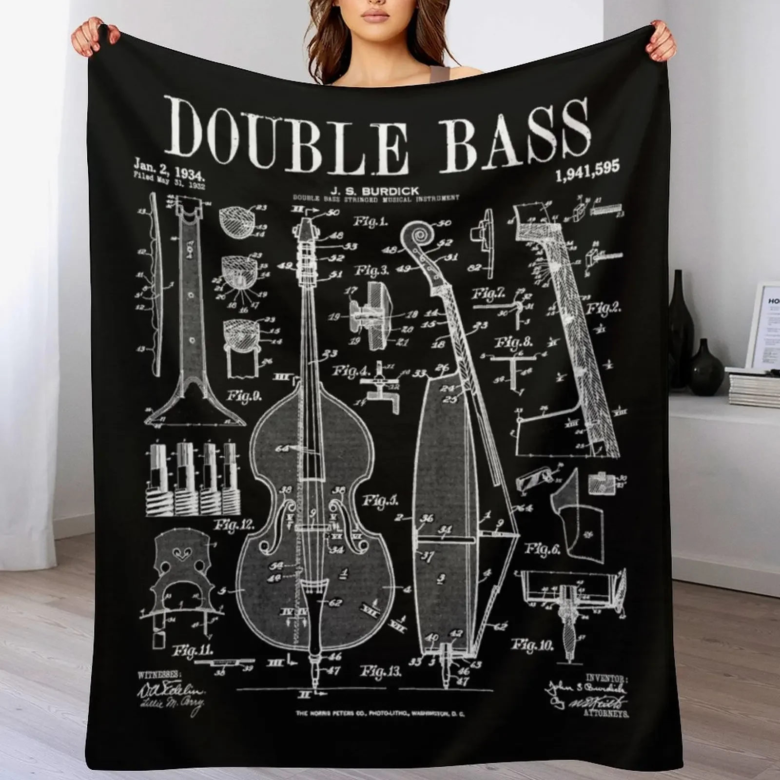 Double Bass Player Bassist Musical Instrument Vintage Patent Throw Blanket All Season Soft Lightweight Blanket for Home