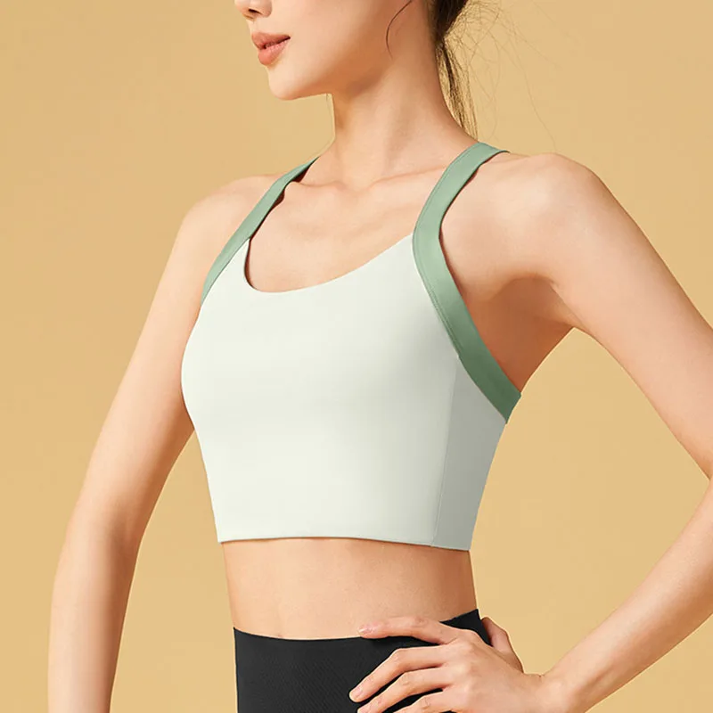 Contrast Color Patchwork Sports Bra Women Shockproof Adjustable Buckle Running Gym Top Fitness Yoga Pilates Vest With Bra Pad