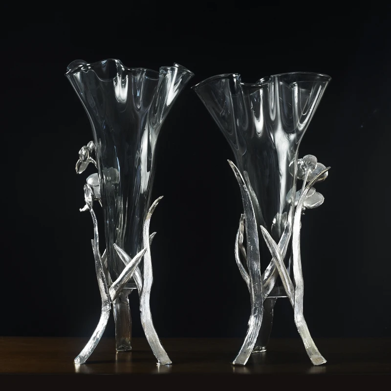 Vas bunga kuningan kaca aksesoris rumah