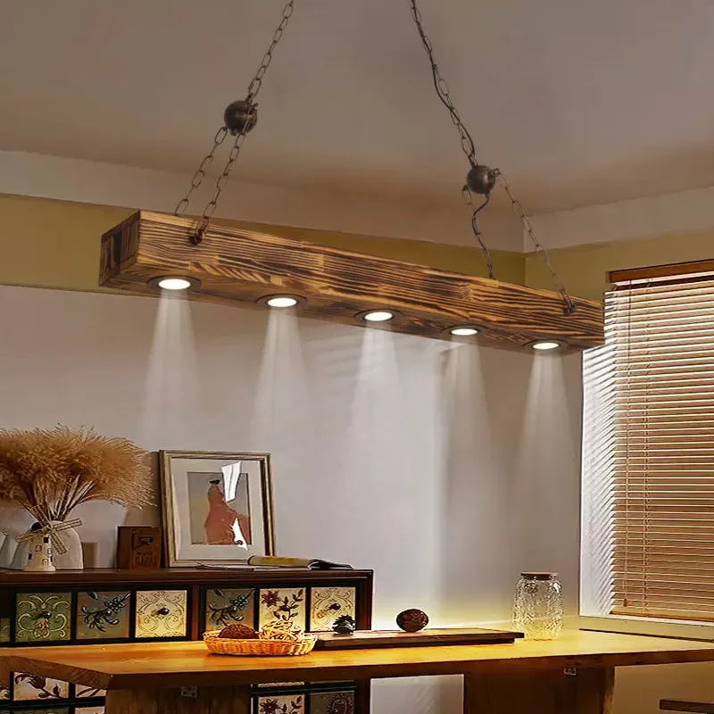 Retro rectangle Solid Wood Pendent Lamp American industrial long lamp with spotlight Restaurant Bar Counter Dining Table lamp