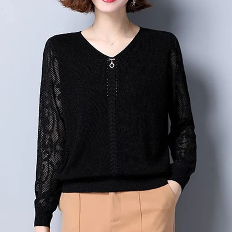 Elegant Fashion Lace Long Sleeve Sweaters for Female All-match Commute Solid Color Knitted Pullovers Autumn Women's Clothing