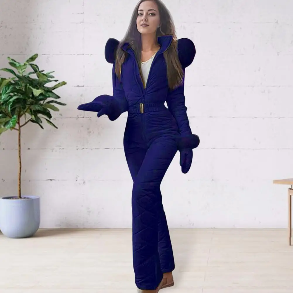 بدلة تزلج نسائية لعام 2025 بدلة ثلج دافئة بدلة ثلج شتوية نسائية مع قفازات وغطاء للرأس ملابس تزلج مقاومة للرياح مع سحاب خصر مرن fo