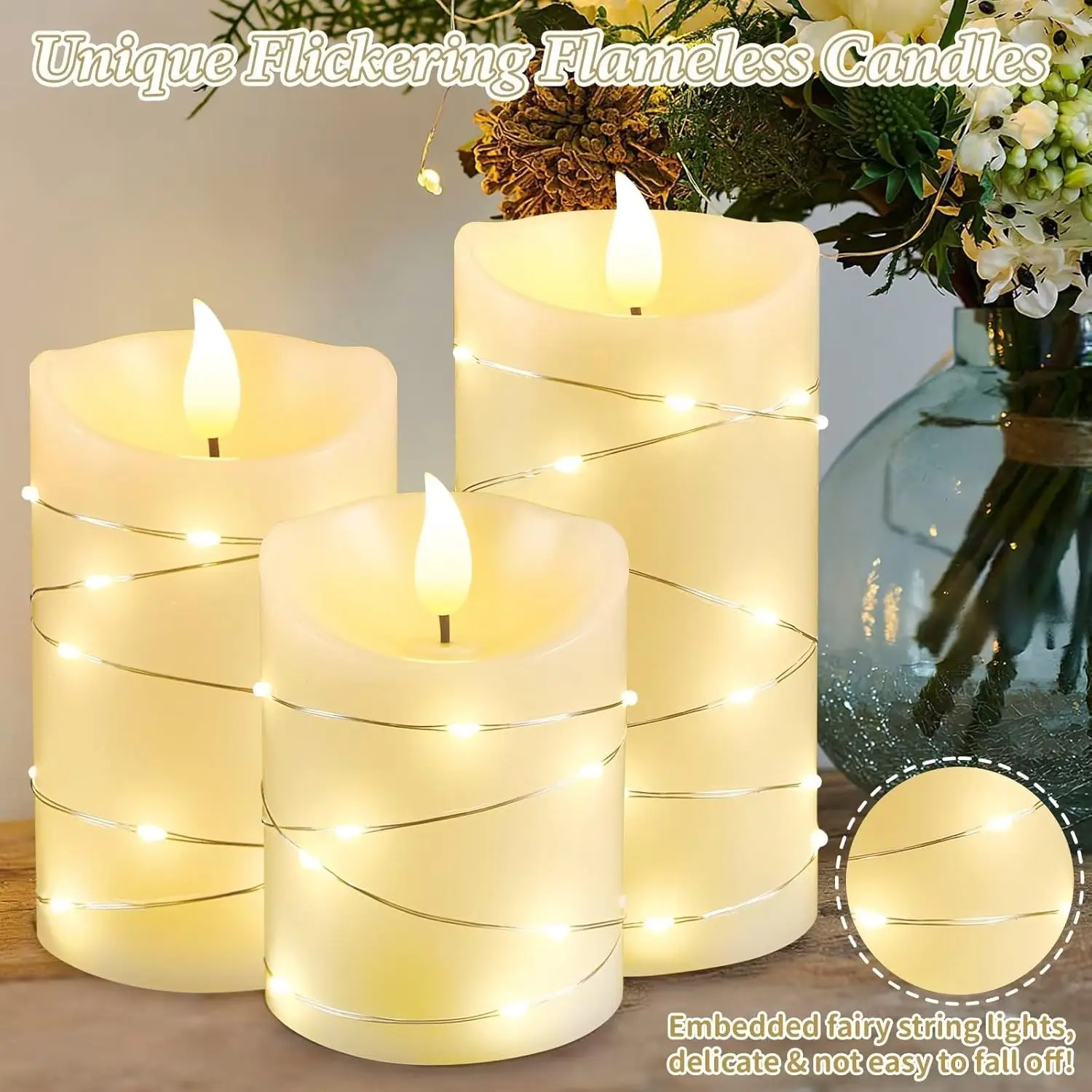 White LED flameless Candle light with Embedded Star Light String 3PCS LED Candle with Remote Control Timer For Home Christmas