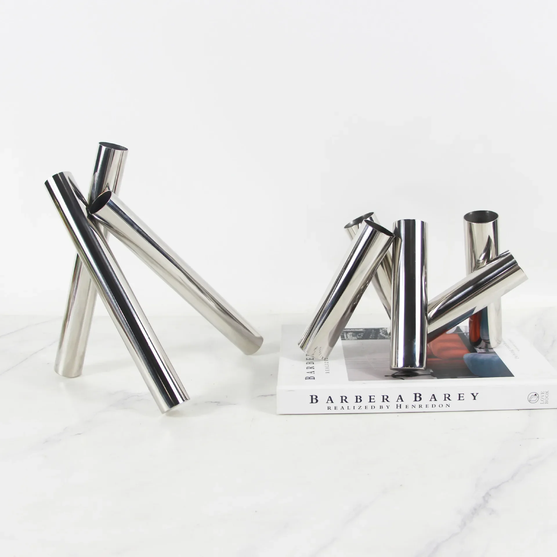 Modern stainless steel tube mirror flower ornament model room living room entrance creative tripod dried flower insert