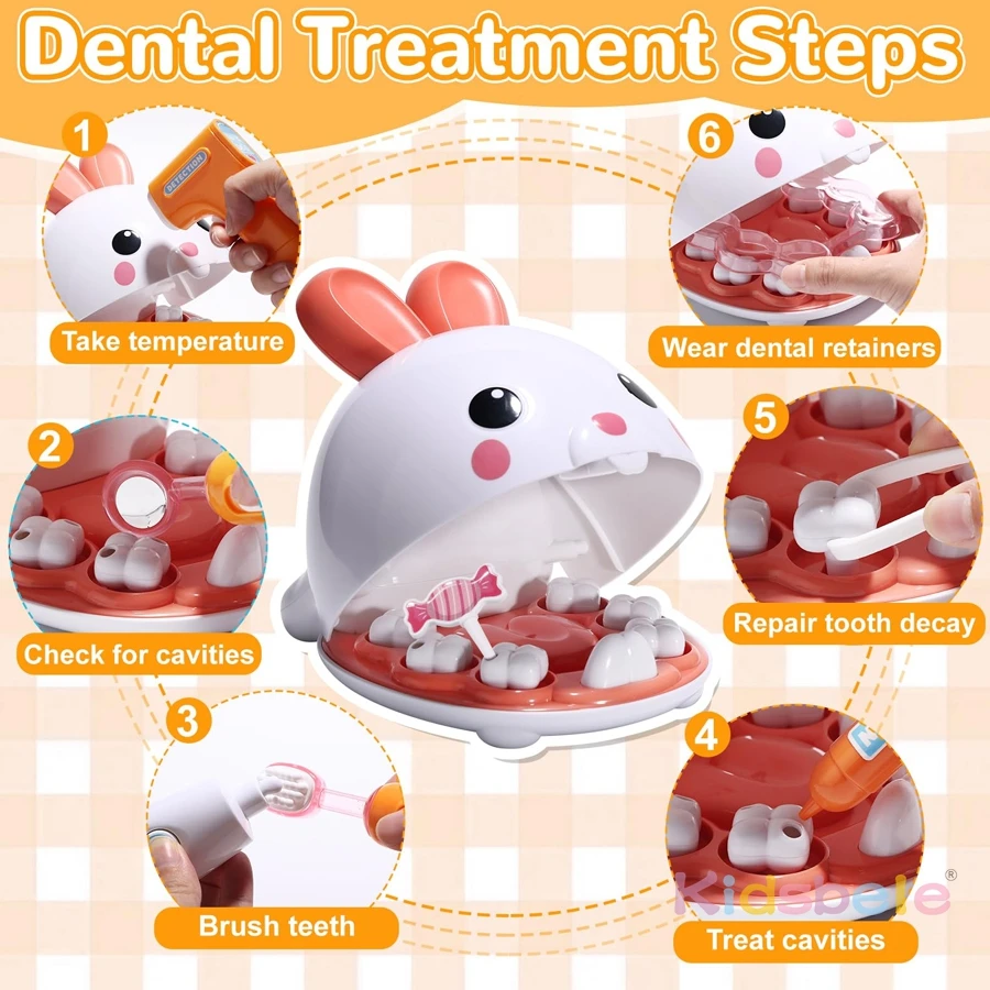 Ensemble de jouets de dentiste lapin – Jeu de dents pour enfants avec outils dentaires, cadeau éducatif pour jeu de simulation, jeu de rôle amusant pour les tout-petits