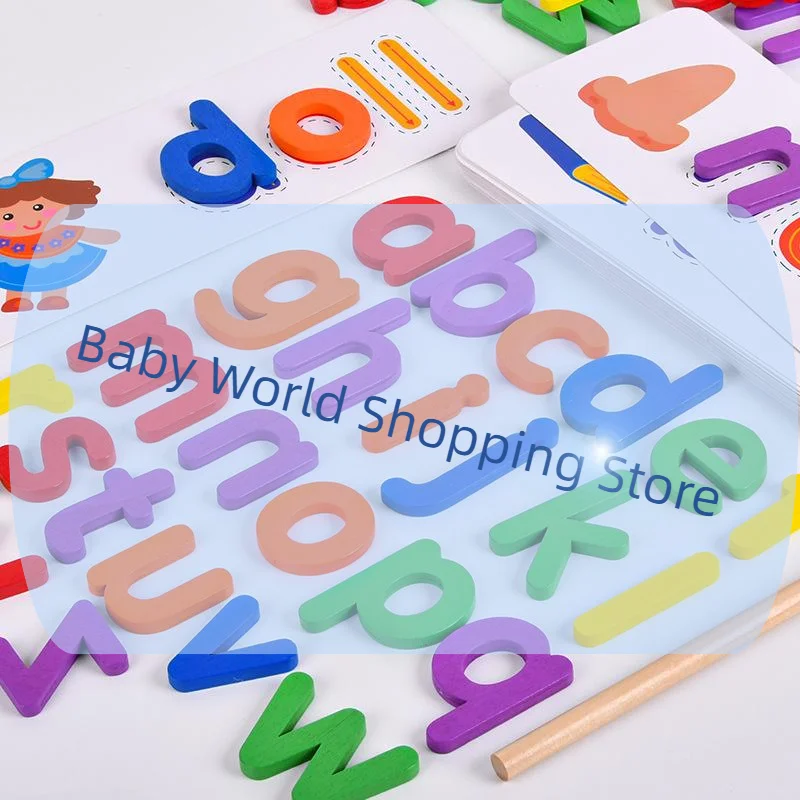 52개 아기 퍼즐 몬테소리 게임 28개 학습 카드 포함 영어 알파벳 철자 단어 나무 교육용 장난감 어린이용