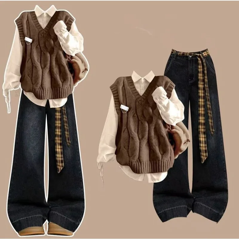 Fashion Individualistic Autumn Winter Coat Petite Student Outfit Three-piece Set Brown Vest  Girl Drawstring Shirt and Jeans