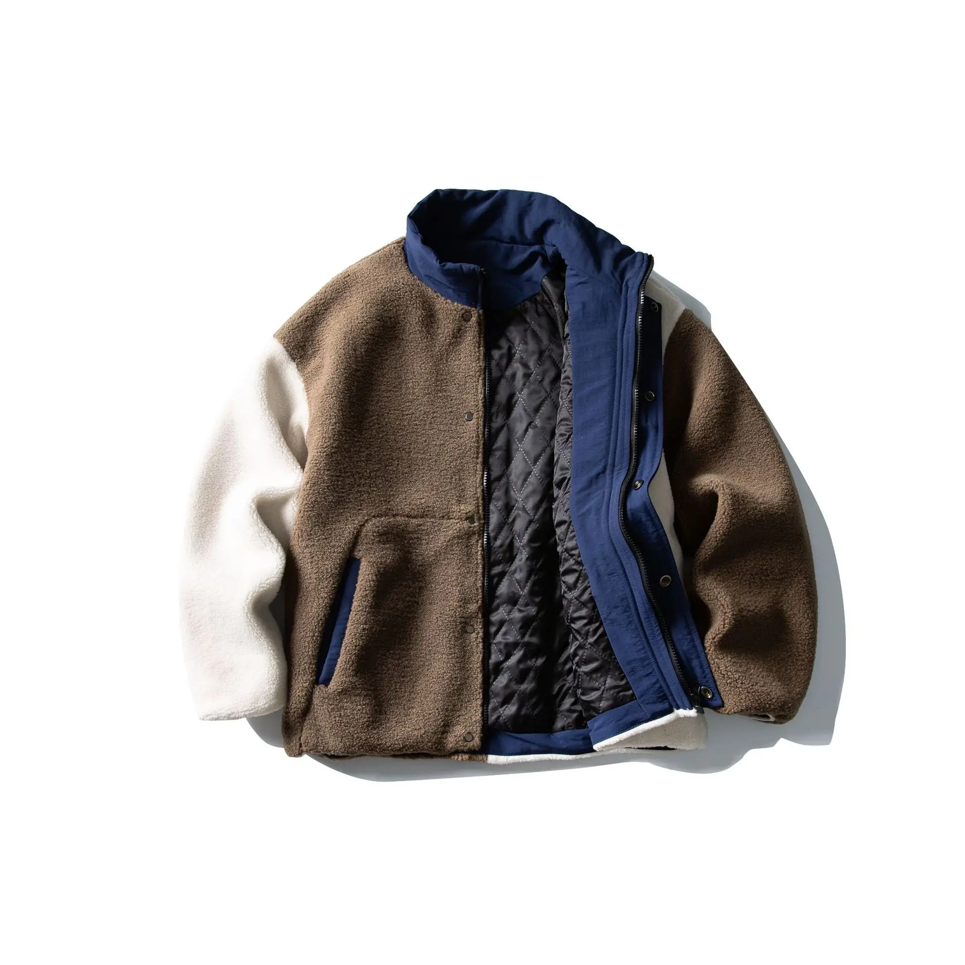 

Blocking Imitation Lamb Velvet Stand-Up Collar Padded Jacket American Workwear Style Unisex Versatile Casual Coat