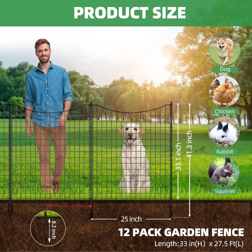 12 Panels Metal Dog Fence Panels Outdoor, 33 in(H) X 26ft(L), Animal Barrier Fence for Yard, Animal Ground Stakes Fencing，Black