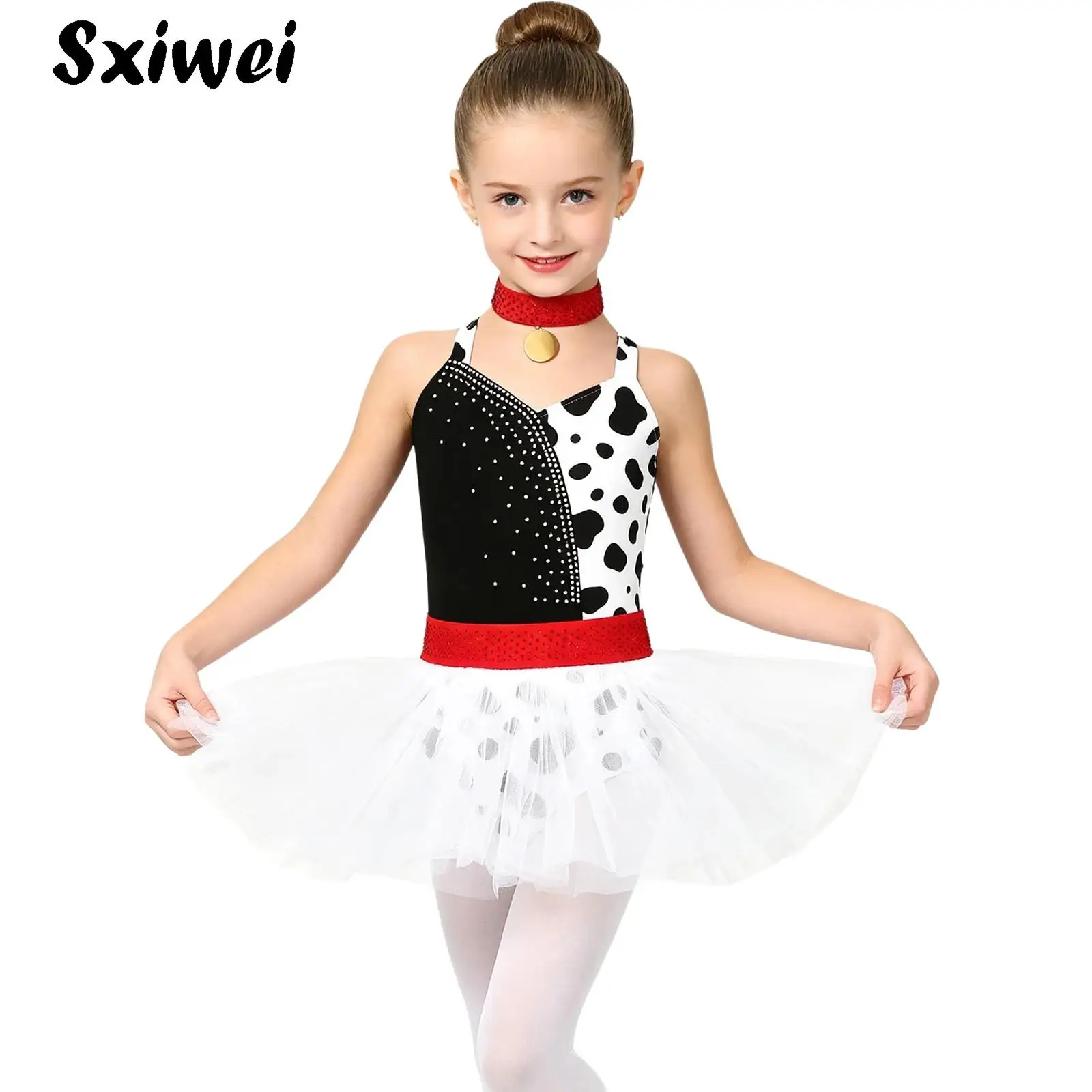 Girls Dalmatian Costume Rhinestones Black Spot-printed Tulle Dress with Choker Halloween Animal Fancy Ballet Tutu Leotard Dress