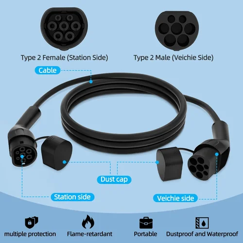Imagen 2 del producto Cable de carga EV potable 32A 7kW 1 fase Cable para vehículo eléctrico 3M 5M 7M 10M tipo 2 estación de carga EVSE enchufe hembra a macho