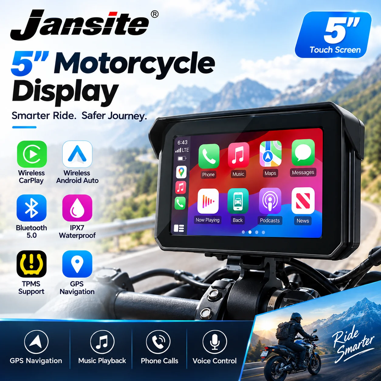 Jansite 5" Motorcycle Navigation GPS Wireless Carplay&Android Auto IPX7 Waterproof BT 5.0 Moto Monitor Support Screen Rotation