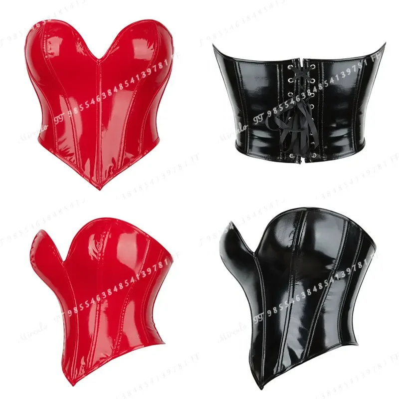 Women Shiny Patent PVC Leather Strapless Corset Sweetheart Neck Back Lace Up Gothic Punk Clubwear Bustier Top