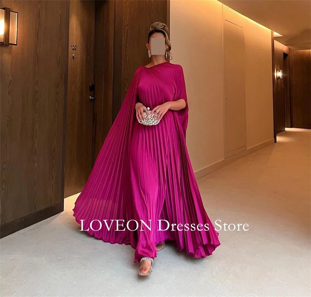 GIOIO Fuchsia Evening Dresses Long Cape Sleeves Formal Customized Ruched Satin Vintage Buttons Elegant Prom Gowns Party Women
