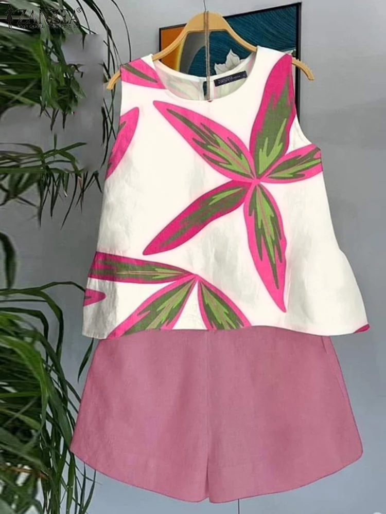 ZANZEA 2025 Summer Printed Tanks Short Suit Women 2PCS Short Sets Holiday Stitching Pleats Outfits Casual Loose Matching Sets