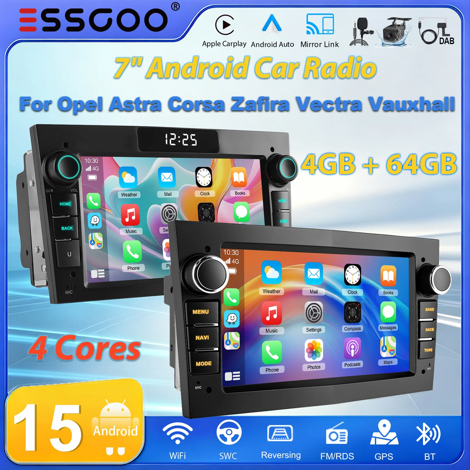 ESSGOO 7" 2 DIN Android Autoradio für Opel Astra Vectra Vauxhall Antara Zafira Corsa C D Vivaro Meriva mit Wireless Carplay, Android Auto, GPS-Navigation, Bluetooth, FM, SWC, WLAN, RDS, ASP,