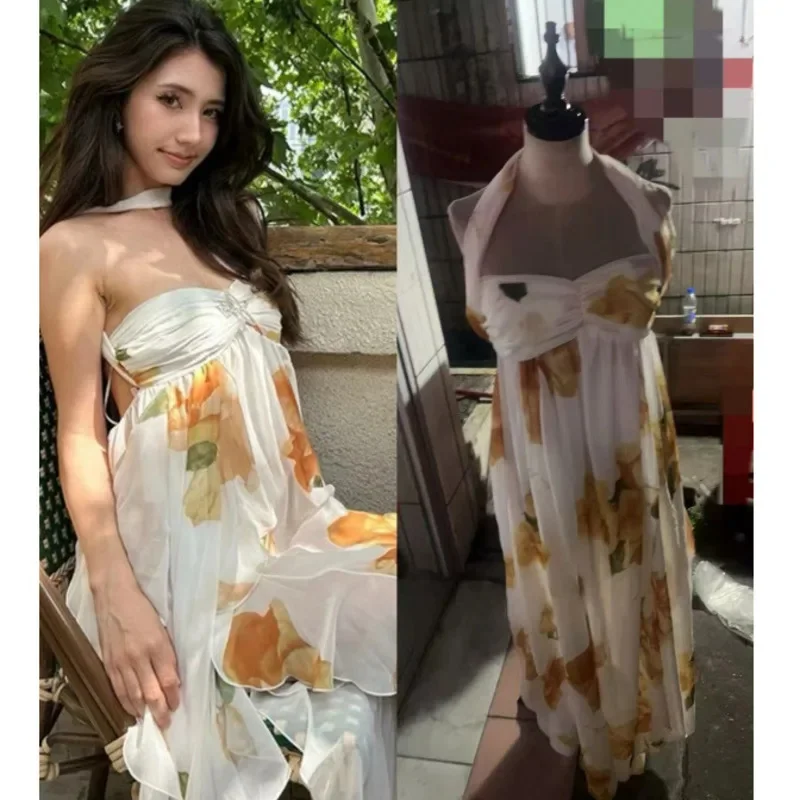 

Midi Dresses Irregular Floral Star Dresses Women Summer European American Sexy Plant Hanging Neck Bareback Backless Loose Skirt