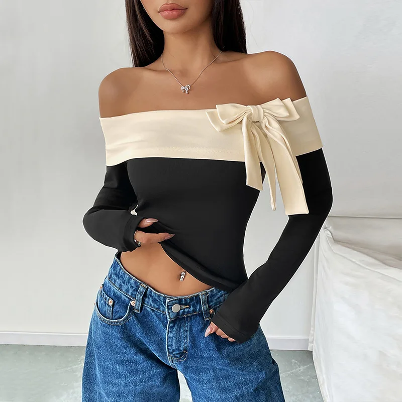 Women Fashion Cropped Top Long Sleeve Off Shoulder One Neck Bow Print T-Shirt Casual Daily Office Work Relaxed Fit  Minimalist