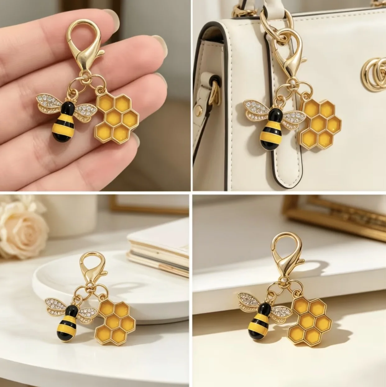 1/10 Stück Zinklegierung Bienen-Waben-Anhänger mit Karabinerverschluss, Emaille-Bienen-Anhänger, Taschen-Schlüsselanhänger, DIY-Schmuckherstellungszubehör, Geschenk – Detail 3