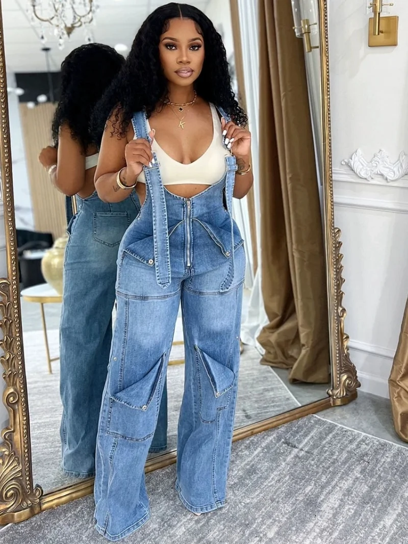 

Streetwear Denim Overalls Autumn Clothes Women Sleeveless Straight Jeans Jumpsuits Denim Rompers Playsuits One Piece Sets Outfit