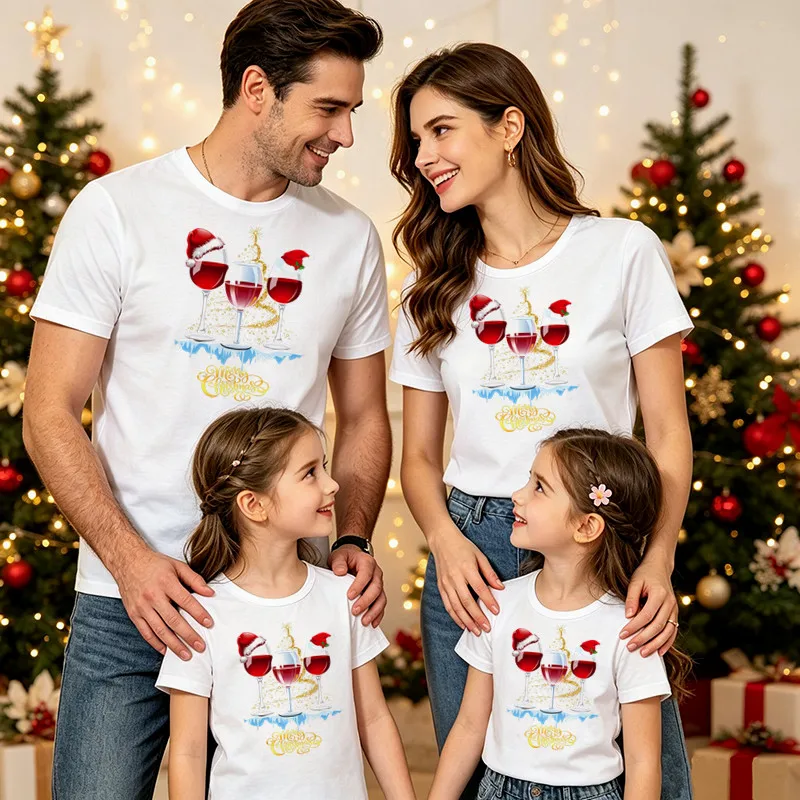 Merry Christmas Family Matching T-shirt Wine Glass Santa Hat Graphic Tee Dad Mom Baby Bodysuit Xmas Holiday Family Look Shirts