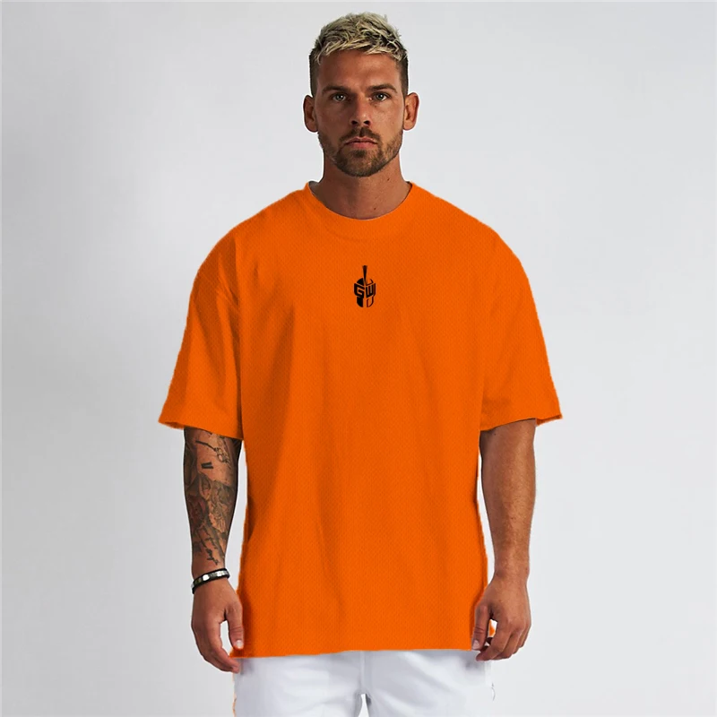 Mesh Oversized T-shirt Mens Dropped Shoulder Half Sleeve Fitness T Shirt Men Summer Loose Gym Clothing Bodybuilding Tops Tees