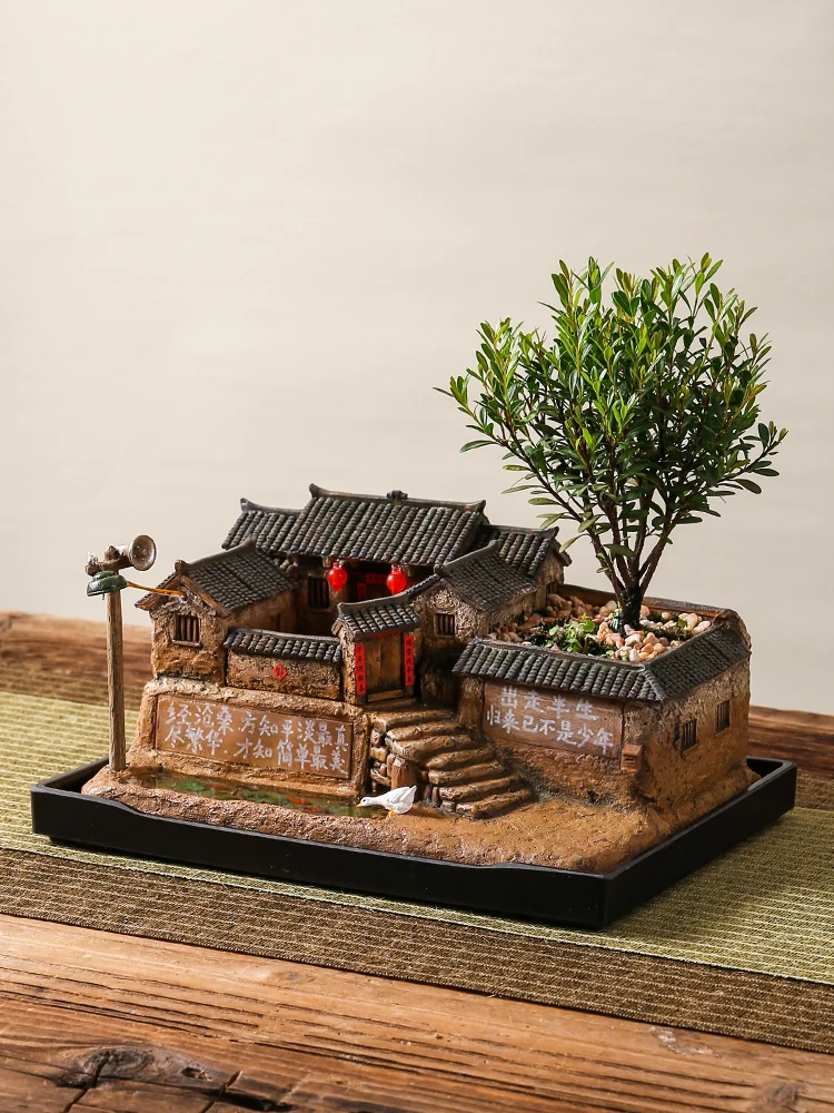 Green Plant Bonsai Resin Retro Nostalgic Desktop Micro Landscape Suitable for Office Desk Half-Handmade Old House ModelOrnaments