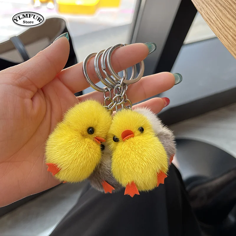 Keychain Mink Fur Furry Yellow Duck Pendant Key Ring Fluff Soft Chick Keychains Car Key Ring Easter Keyring Handbag Jewelry