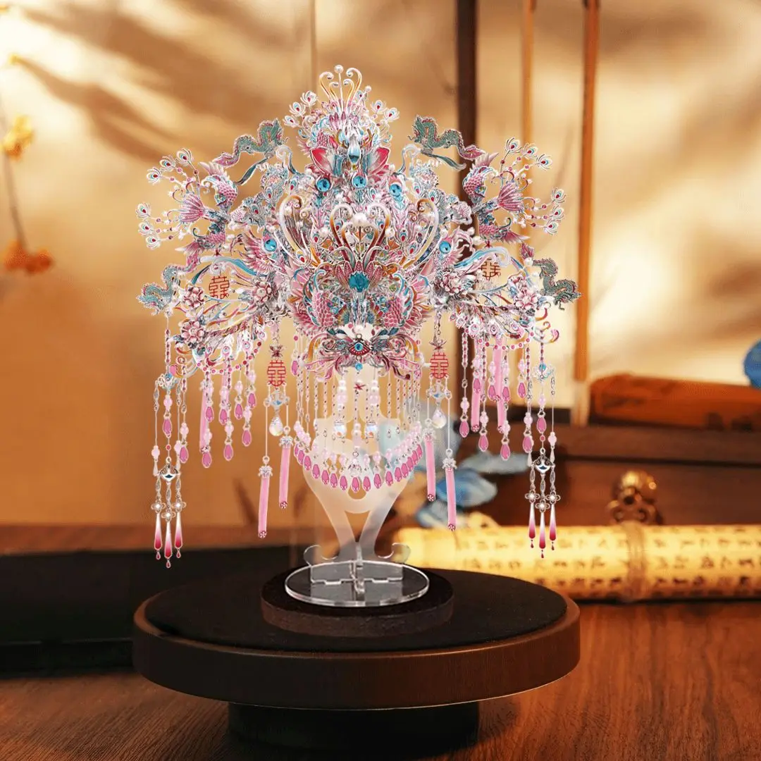 Gangda Pink Silver Phoenix Crown Xi Fan Metal Assembly Ornament Three-dimensional Puzzle Handmade for Girlfriend Gift