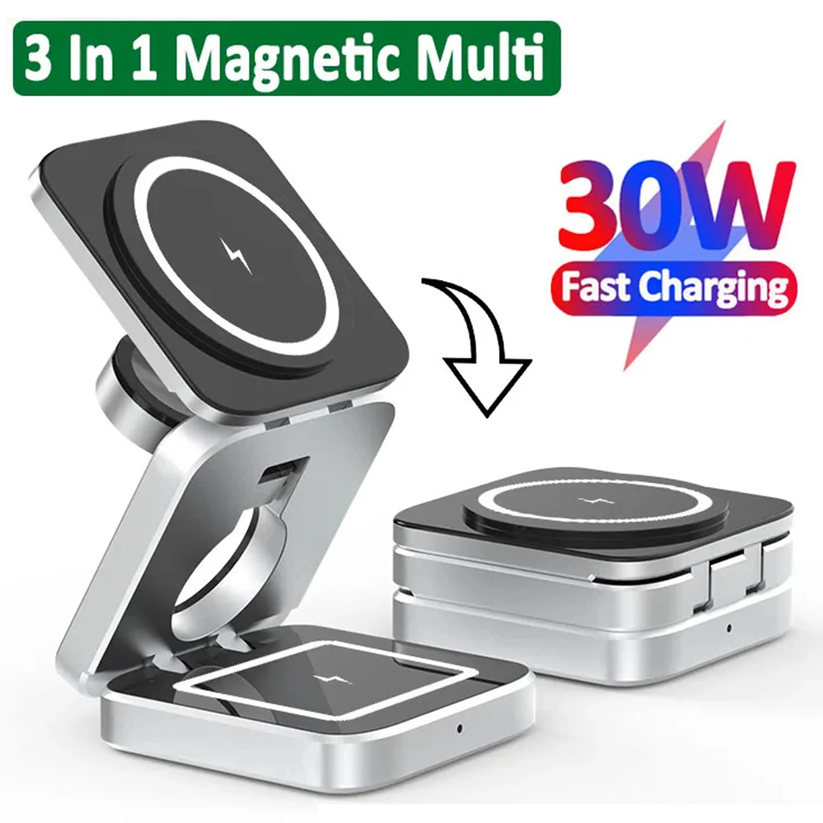 30W 3 In 1 Magnetic Wireless Charger Stand Pad for iPone 15 14 13 12 Pro Max Airpods Pro iWatch 8 7 6 Fast Charging Dock Station