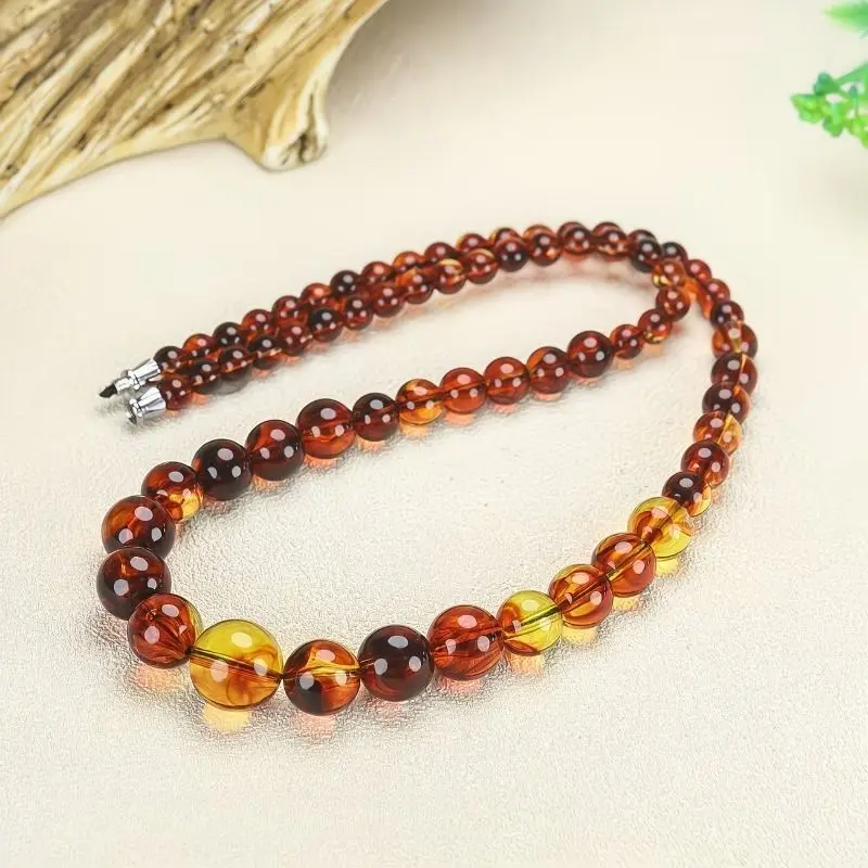 Second-generation Amber Beeswax Round Bead Necklace Warm and Shiny Daily Versatile Neck Jewelry Women's Handicrafts