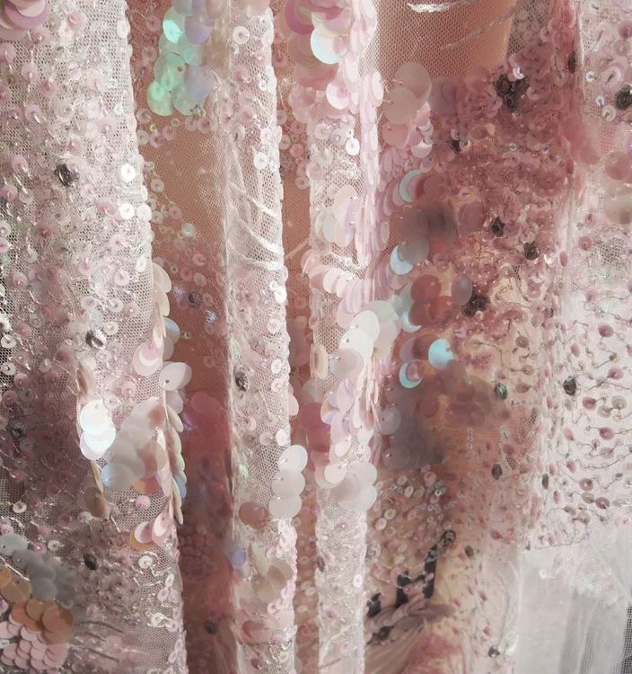 130cm wide 0.5meter/lot Pink Sequins Embroidery Mesh Fabric Dress Material / Curtain / Clothes SC437