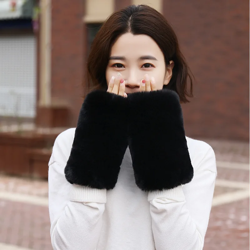 Winter half finger gloves imitation rabbit fur gloves for schoolgirl with velvet cuff Korean fashion furry mittens C042