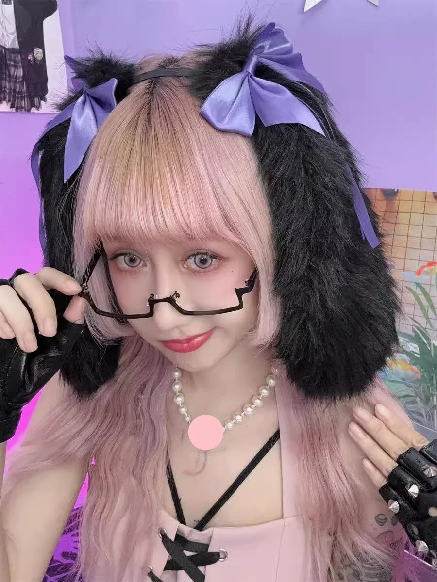日本の巨大な毛皮のようなウサギの耳カチューシャバタフライマシンロリータ原宿サブカルチャーかぶと Y2K かわいい女の子コスプレ頭飾り