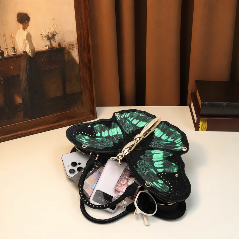 Luxuriöse 3D-Schmetterlings-Handtasche, Neuartige Gothic-Party-Abendtasche, Einzigartiges Flügeldesign, Y2K-Schulter-Umhängetasche für Damen – Detail 7