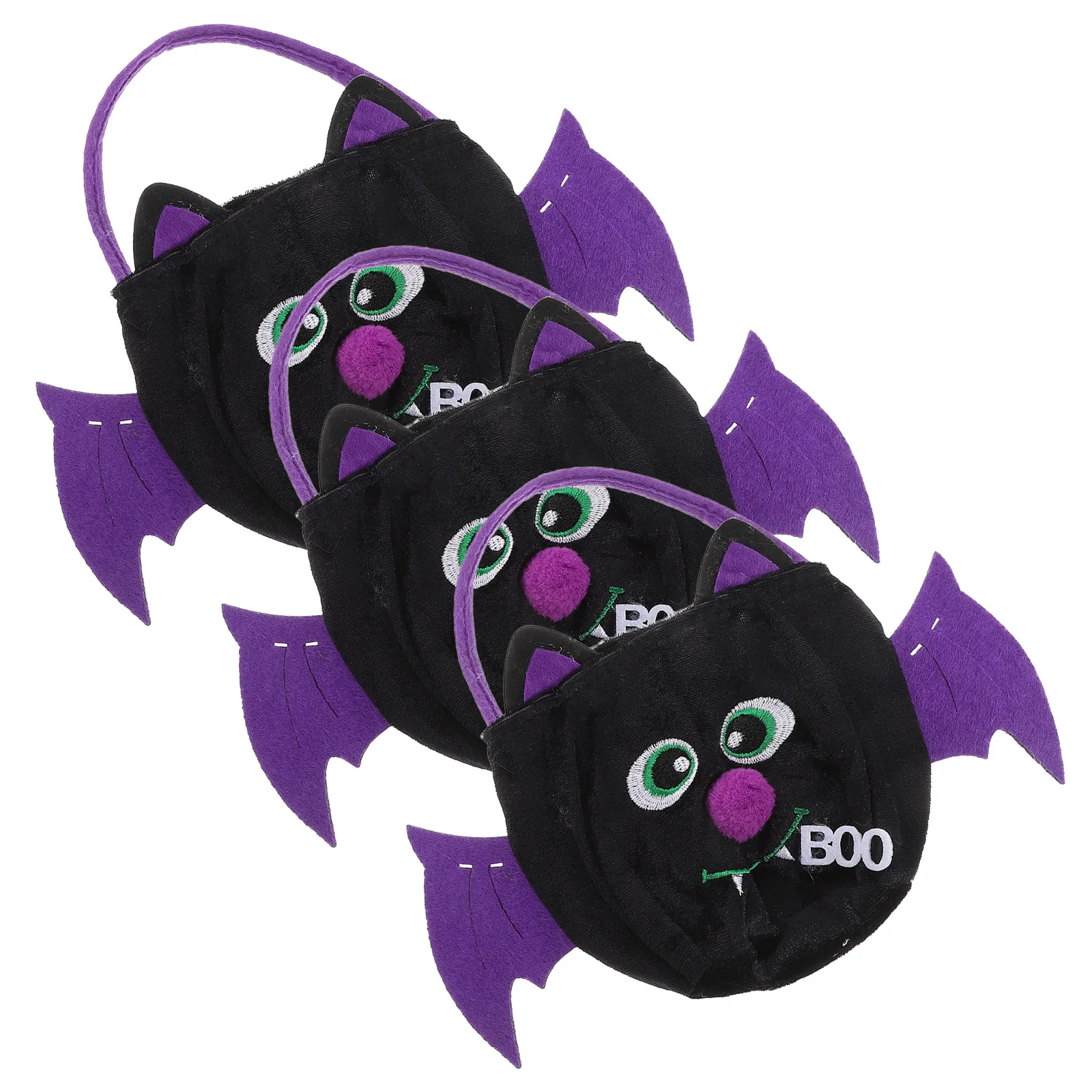 

3pcs Halloween Candy Carrier Bag Trick Or Treat Handbag Black Bat Design Large Capacity Soft Material Cartoon Style