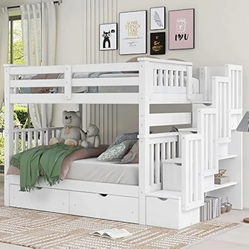 

Full Over Full Bunk Beds with Stairs and Drawers Wood Bunk Bed Frame with Storage Shelves for Kids Adults Detachable Bunked
