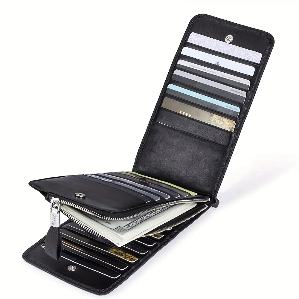 Sleek RFID Blocking Bifold Wallet - PU Leather, Detachable ID Window, Multiple Card Slots, Zipper Coin Pocket, Snap Closure