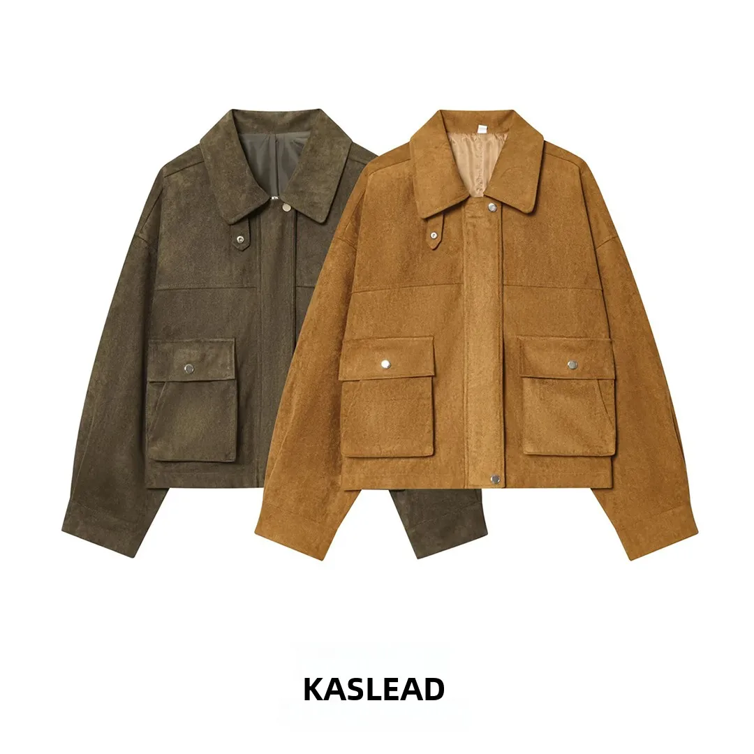 

KASLEAD New Faionable Mixed Media Leather Pilot Jaet Women's Outerwear Loose Fit Color Long Sve Zipper Closure