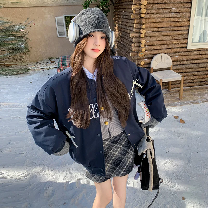 

Korean Style Embroidered Letter Bow Decoration Padded Jacket Women's Fashion Winter Thickened Baseball Collar Warm Coat