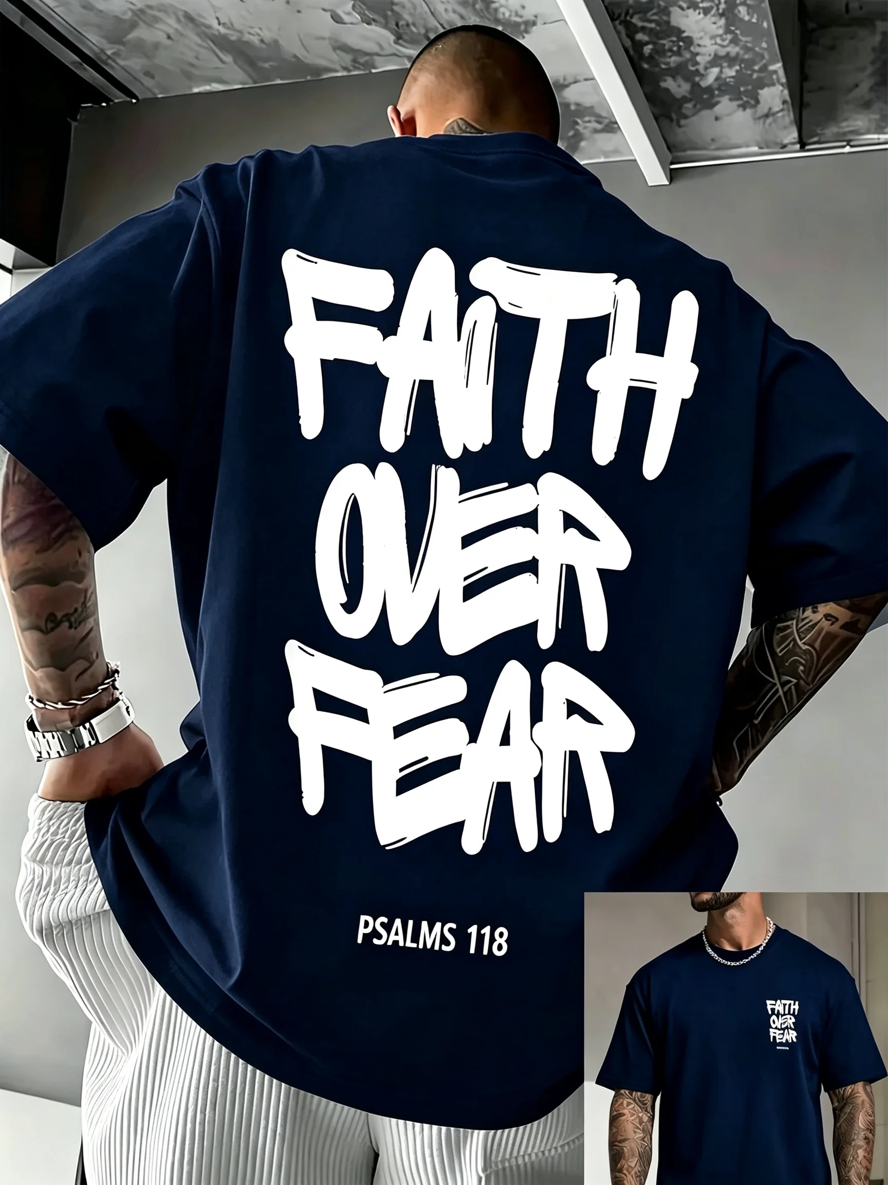 Summer men's 100_ pure cotton casual fashionable loose FAITH OVER FEAR letter printed round neck short sleeved T-shirt