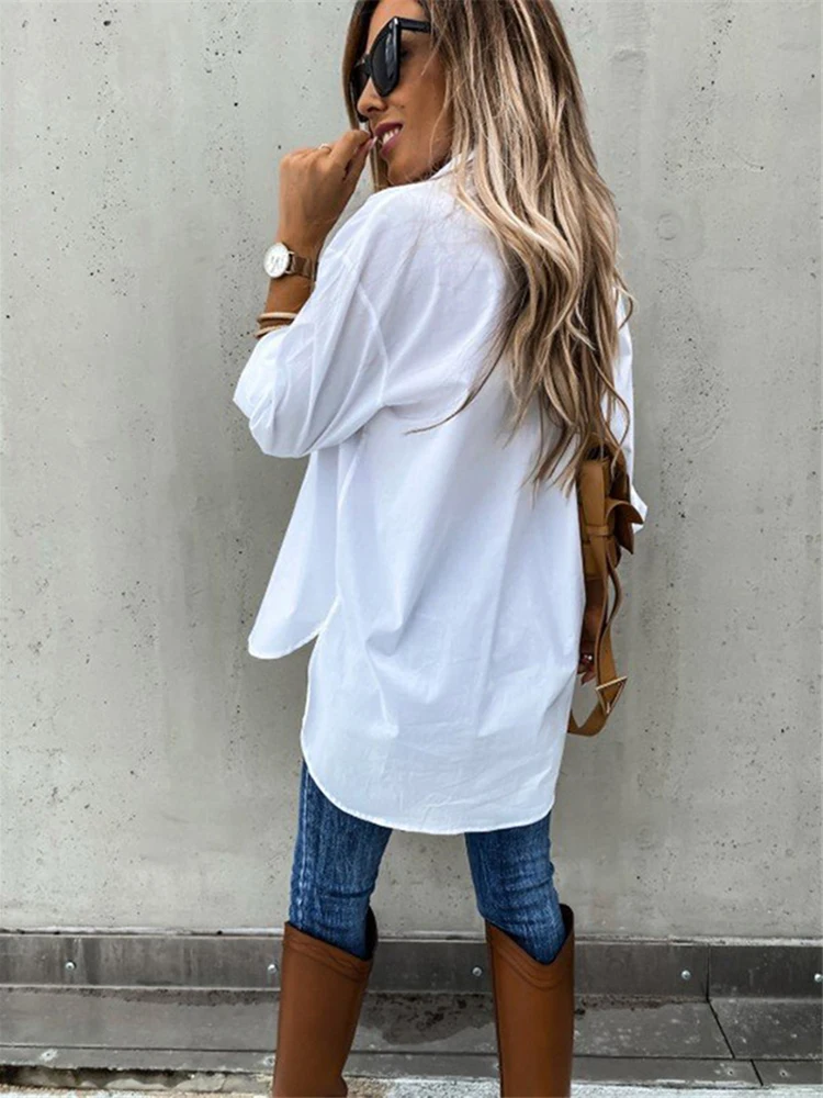 Spring Women White Solid Shirt Lady Office Long Sleeve Turn-down Collar Button Blouse Tops Fashion Pockets Casual Loose Blouse